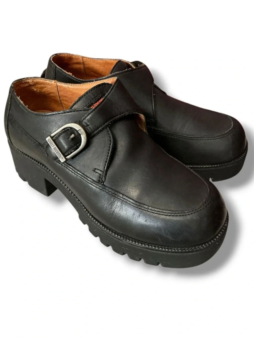Harley-Davidson Black Leather Buckle Platform Slip-Ons